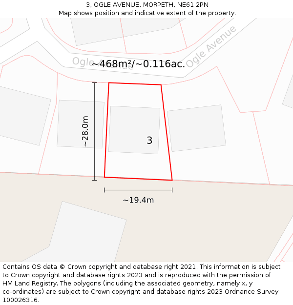 3, OGLE AVENUE, MORPETH, NE61 2PN: Plot and title map