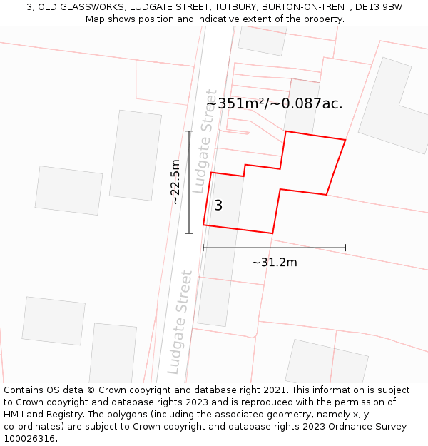 3, OLD GLASSWORKS, LUDGATE STREET, TUTBURY, BURTON-ON-TRENT, DE13 9BW: Plot and title map