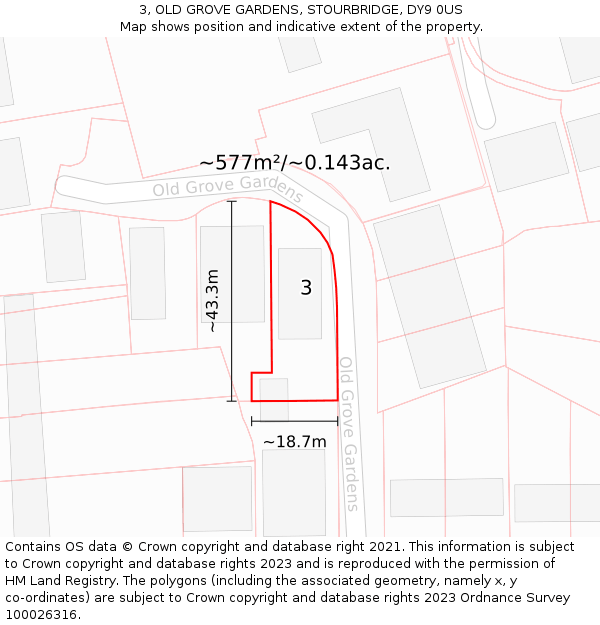 3, OLD GROVE GARDENS, STOURBRIDGE, DY9 0US: Plot and title map