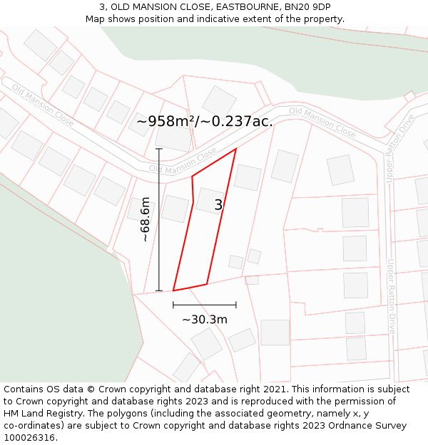 3, OLD MANSION CLOSE, EASTBOURNE, BN20 9DP: Plot and title map