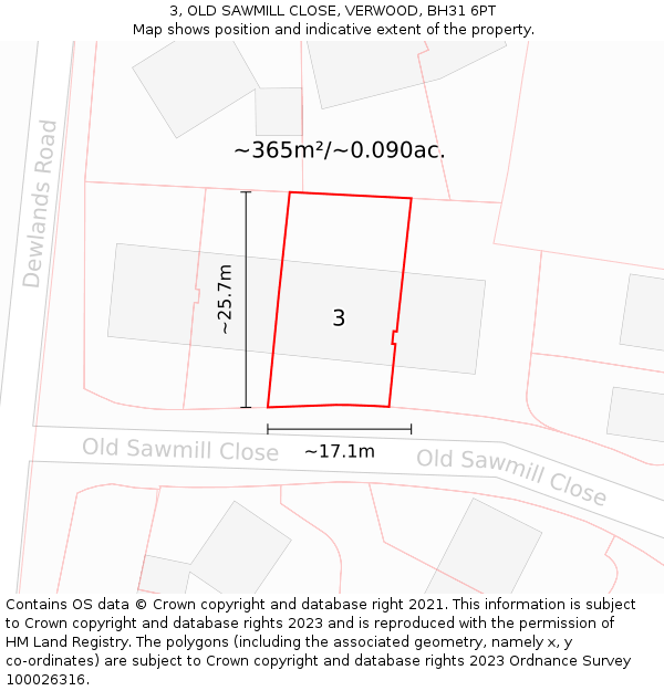 3, OLD SAWMILL CLOSE, VERWOOD, BH31 6PT: Plot and title map