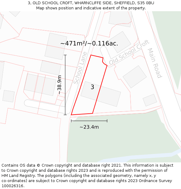 3, OLD SCHOOL CROFT, WHARNCLIFFE SIDE, SHEFFIELD, S35 0BU: Plot and title map