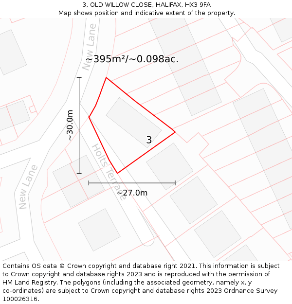 3, OLD WILLOW CLOSE, HALIFAX, HX3 9FA: Plot and title map