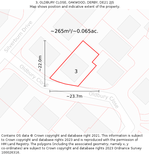 3, OLDBURY CLOSE, OAKWOOD, DERBY, DE21 2JS: Plot and title map