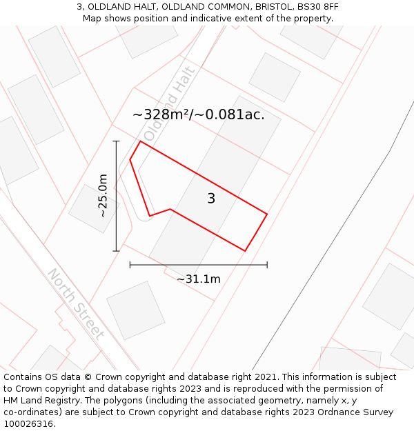 3, OLDLAND HALT, OLDLAND COMMON, BRISTOL, BS30 8FF: Plot and title map