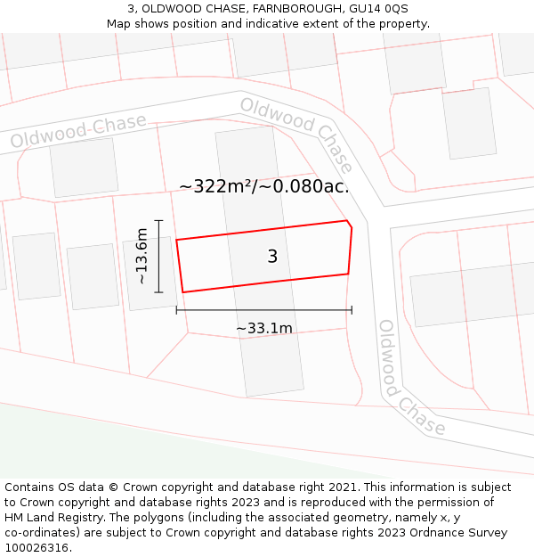 3, OLDWOOD CHASE, FARNBOROUGH, GU14 0QS: Plot and title map