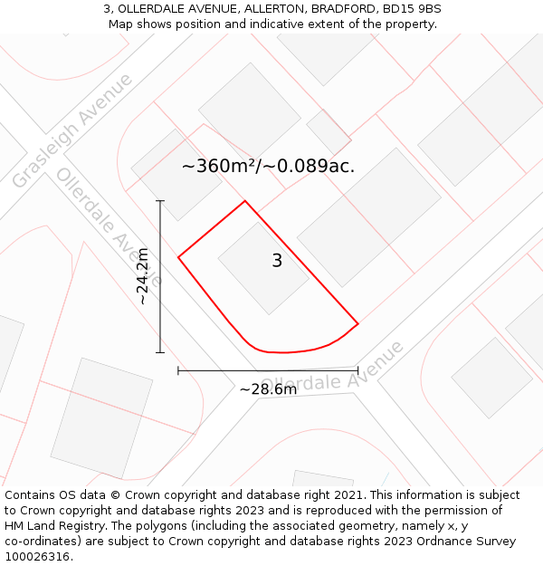 3, OLLERDALE AVENUE, ALLERTON, BRADFORD, BD15 9BS: Plot and title map