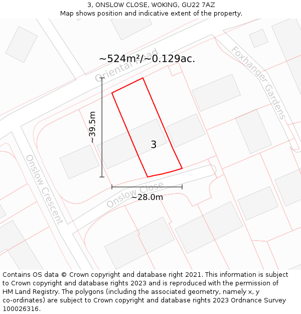 3, ONSLOW CLOSE, WOKING, GU22 7AZ: Plot and title map