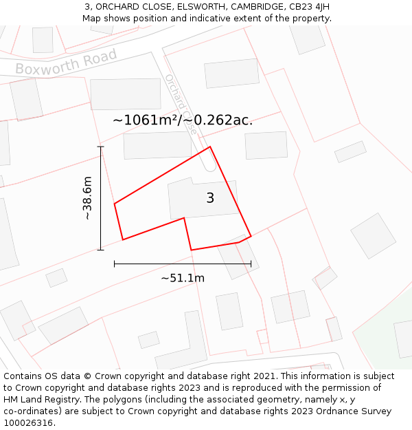 3, ORCHARD CLOSE, ELSWORTH, CAMBRIDGE, CB23 4JH: Plot and title map