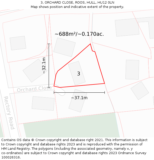 3, ORCHARD CLOSE, ROOS, HULL, HU12 0LN: Plot and title map