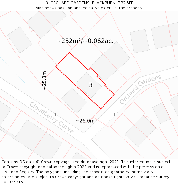 3, ORCHARD GARDENS, BLACKBURN, BB2 5FF: Plot and title map