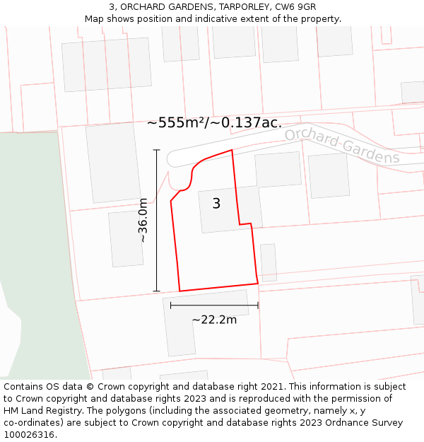 3, ORCHARD GARDENS, TARPORLEY, CW6 9GR: Plot and title map