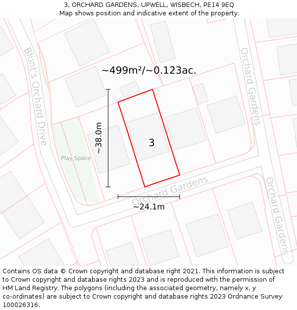 3, ORCHARD GARDENS, UPWELL, WISBECH, PE14 9EQ: Plot and title map