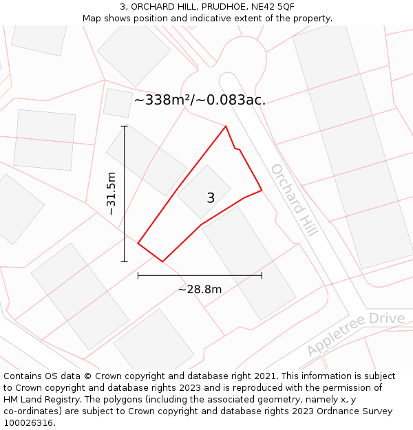 3, ORCHARD HILL, PRUDHOE, NE42 5QF: Plot and title map