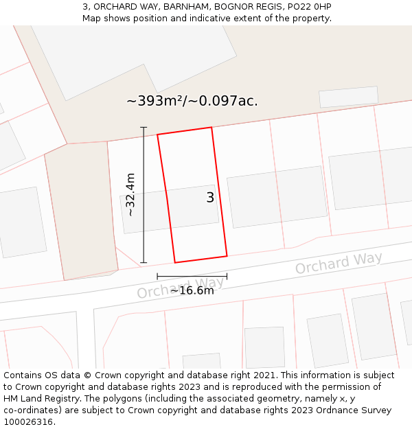 3, ORCHARD WAY, BARNHAM, BOGNOR REGIS, PO22 0HP: Plot and title map