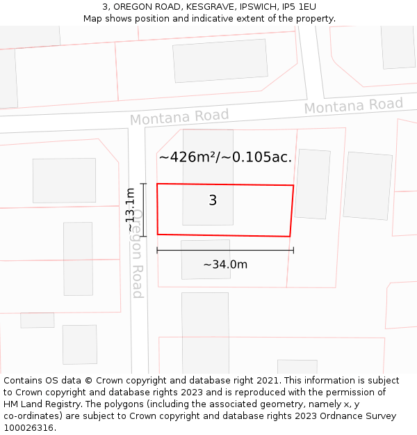 3, OREGON ROAD, KESGRAVE, IPSWICH, IP5 1EU: Plot and title map