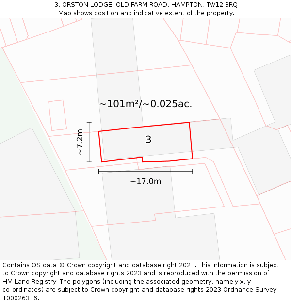 3, ORSTON LODGE, OLD FARM ROAD, HAMPTON, TW12 3RQ: Plot and title map