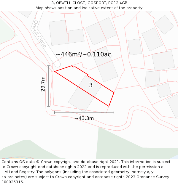 3, ORWELL CLOSE, GOSPORT, PO12 4GR: Plot and title map