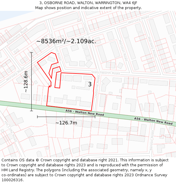 3, OSBORNE ROAD, WALTON, WARRINGTON, WA4 6JF: Plot and title map