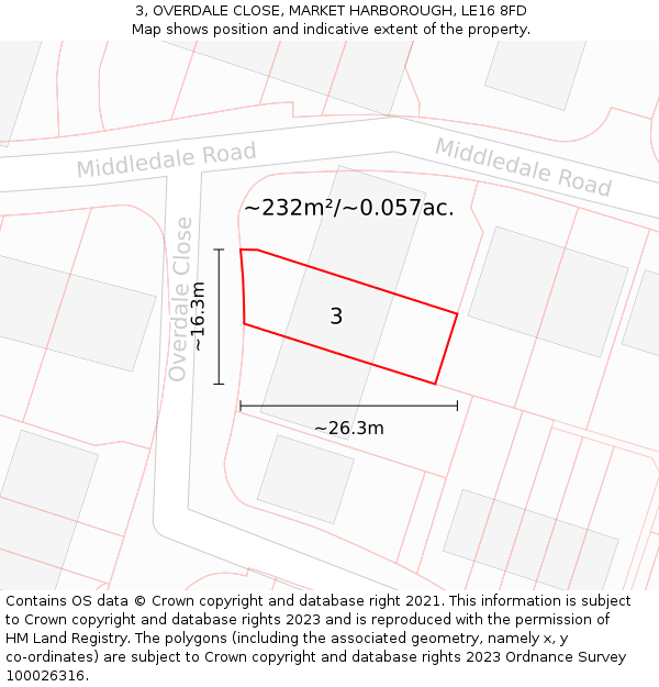 3, OVERDALE CLOSE, MARKET HARBOROUGH, LE16 8FD: Plot and title map