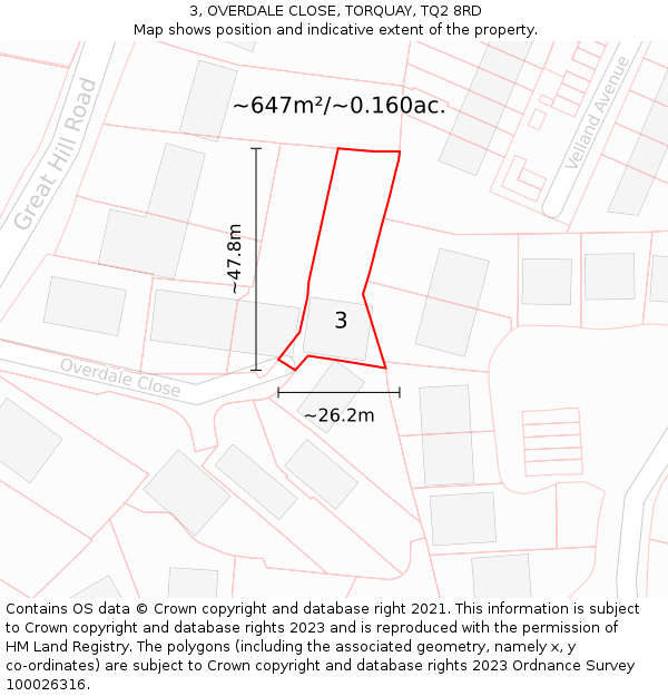 3, OVERDALE CLOSE, TORQUAY, TQ2 8RD: Plot and title map