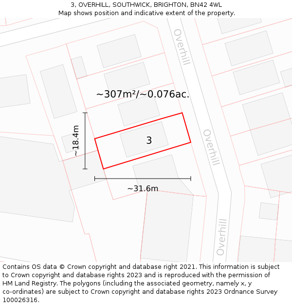 3, OVERHILL, SOUTHWICK, BRIGHTON, BN42 4WL: Plot and title map