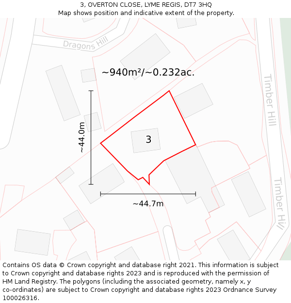 3, OVERTON CLOSE, LYME REGIS, DT7 3HQ: Plot and title map