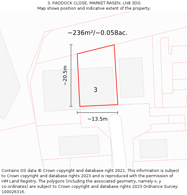 3, PADDOCK CLOSE, MARKET RASEN, LN8 3DG: Plot and title map