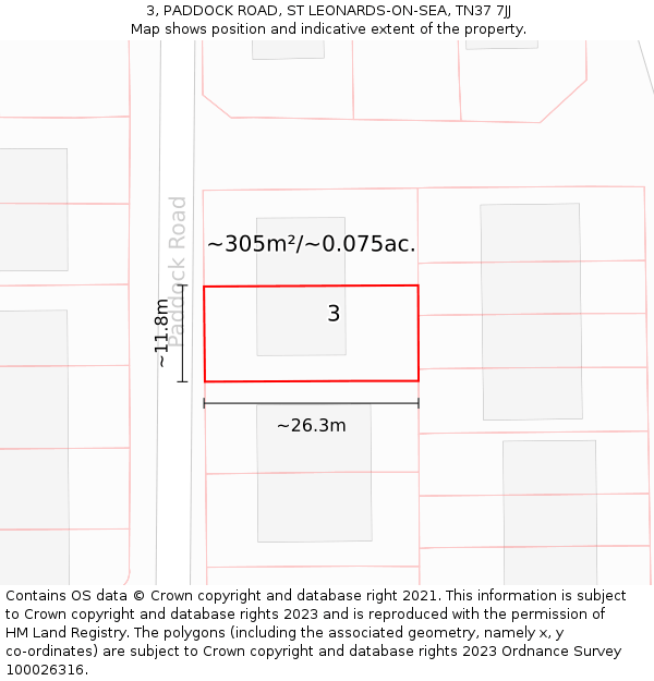 3, PADDOCK ROAD, ST LEONARDS-ON-SEA, TN37 7JJ: Plot and title map