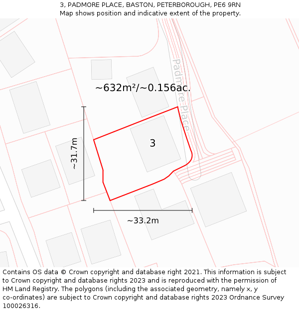 3, PADMORE PLACE, BASTON, PETERBOROUGH, PE6 9RN: Plot and title map