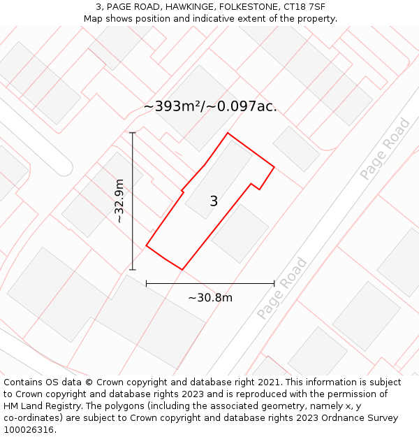 3, PAGE ROAD, HAWKINGE, FOLKESTONE, CT18 7SF: Plot and title map