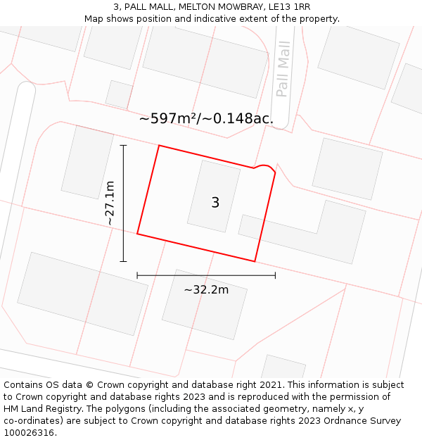 3, PALL MALL, MELTON MOWBRAY, LE13 1RR: Plot and title map