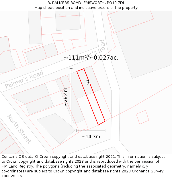 3, PALMERS ROAD, EMSWORTH, PO10 7DL: Plot and title map