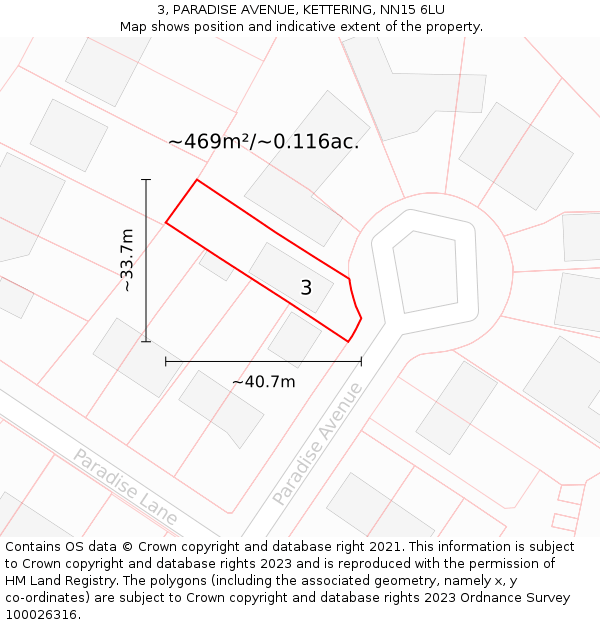 3, PARADISE AVENUE, KETTERING, NN15 6LU: Plot and title map