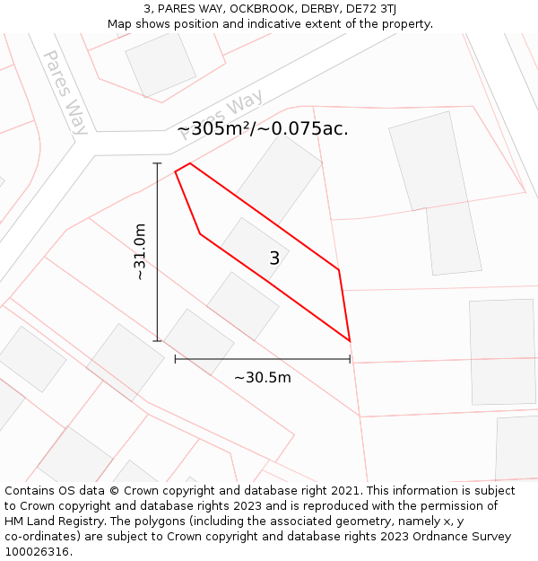 3, PARES WAY, OCKBROOK, DERBY, DE72 3TJ: Plot and title map