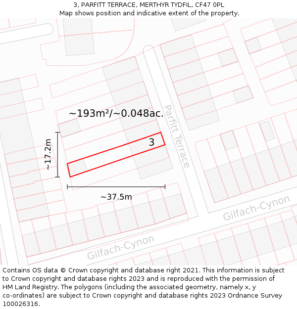 3, PARFITT TERRACE, MERTHYR TYDFIL, CF47 0PL: Plot and title map