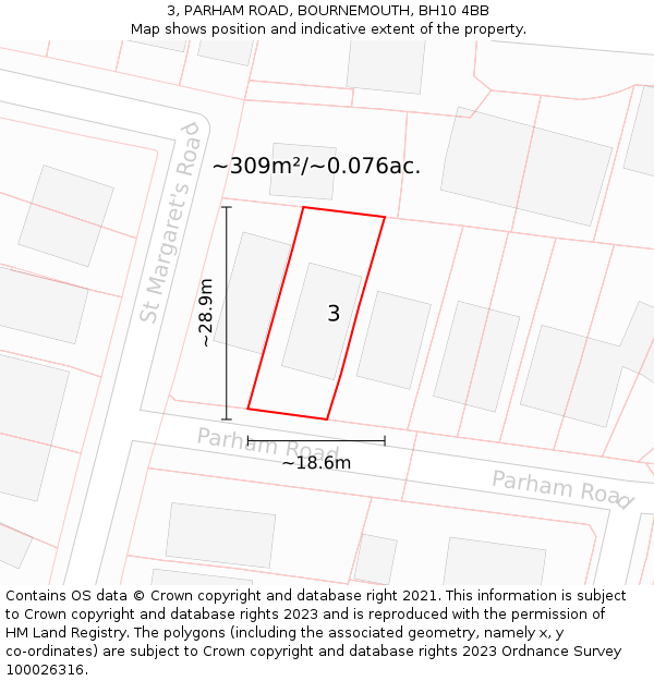 3, PARHAM ROAD, BOURNEMOUTH, BH10 4BB: Plot and title map