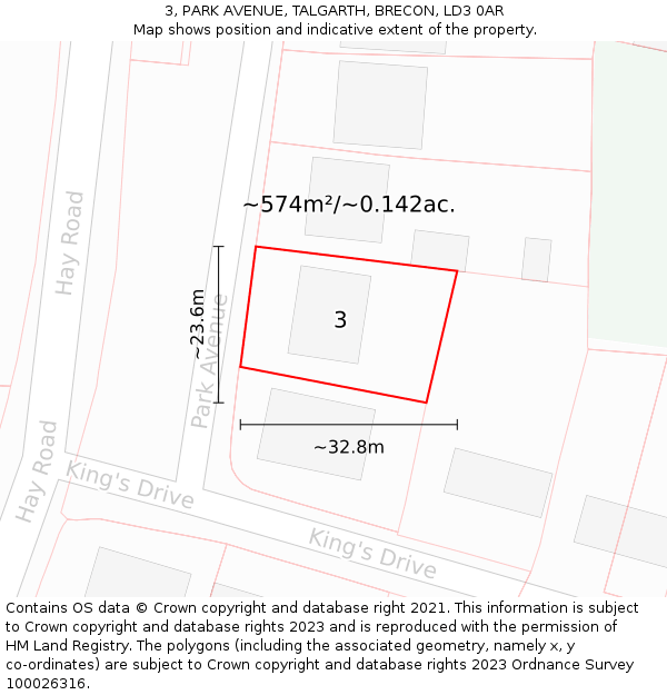 3, PARK AVENUE, TALGARTH, BRECON, LD3 0AR: Plot and title map
