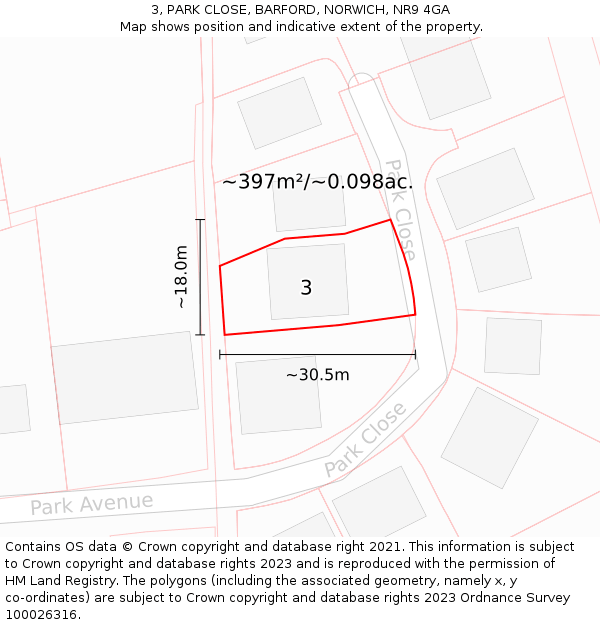 3, PARK CLOSE, BARFORD, NORWICH, NR9 4GA: Plot and title map