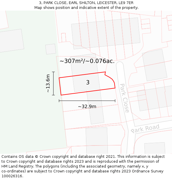 3, PARK CLOSE, EARL SHILTON, LEICESTER, LE9 7ER: Plot and title map