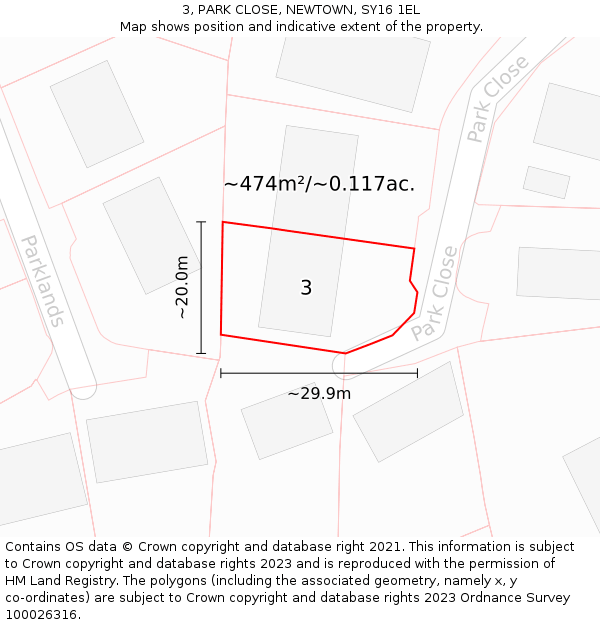 3, PARK CLOSE, NEWTOWN, SY16 1EL: Plot and title map