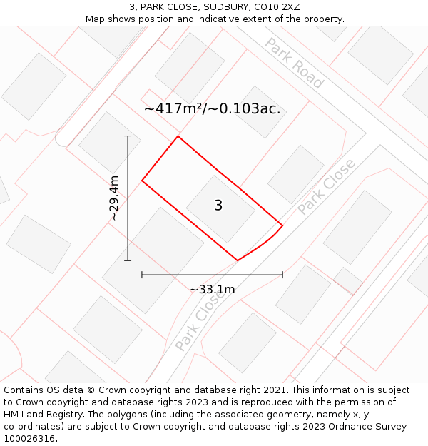 3, PARK CLOSE, SUDBURY, CO10 2XZ: Plot and title map