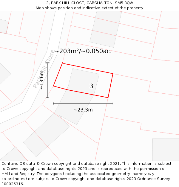 3, PARK HILL CLOSE, CARSHALTON, SM5 3QW: Plot and title map