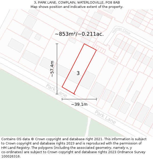 3, PARK LANE, COWPLAIN, WATERLOOVILLE, PO8 8AB: Plot and title map