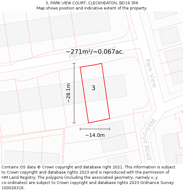 3, PARK VIEW COURT, CLECKHEATON, BD19 3FA: Plot and title map