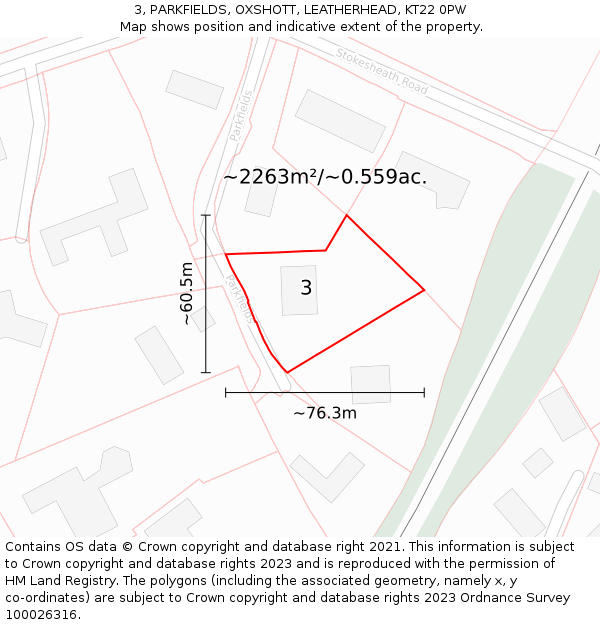 3, PARKFIELDS, OXSHOTT, LEATHERHEAD, KT22 0PW: Plot and title map