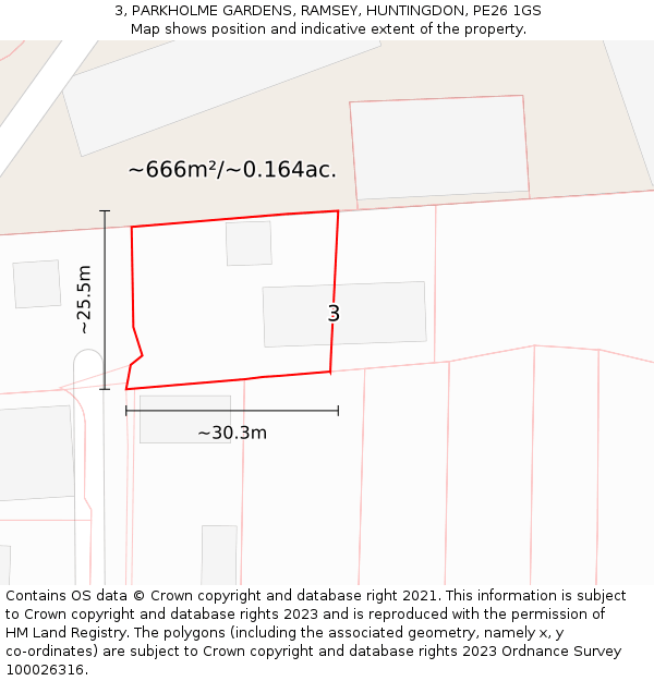 3, PARKHOLME GARDENS, RAMSEY, HUNTINGDON, PE26 1GS: Plot and title map