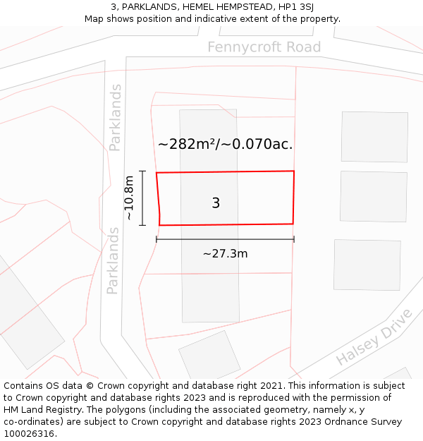 3, PARKLANDS, HEMEL HEMPSTEAD, HP1 3SJ: Plot and title map