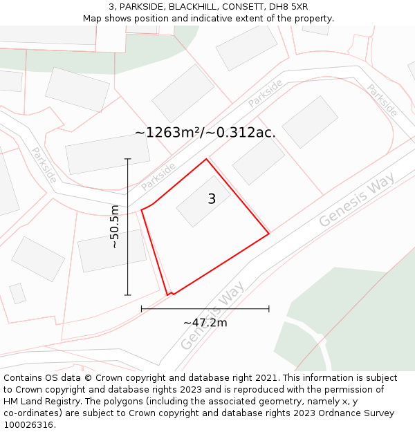 3, PARKSIDE, BLACKHILL, CONSETT, DH8 5XR: Plot and title map