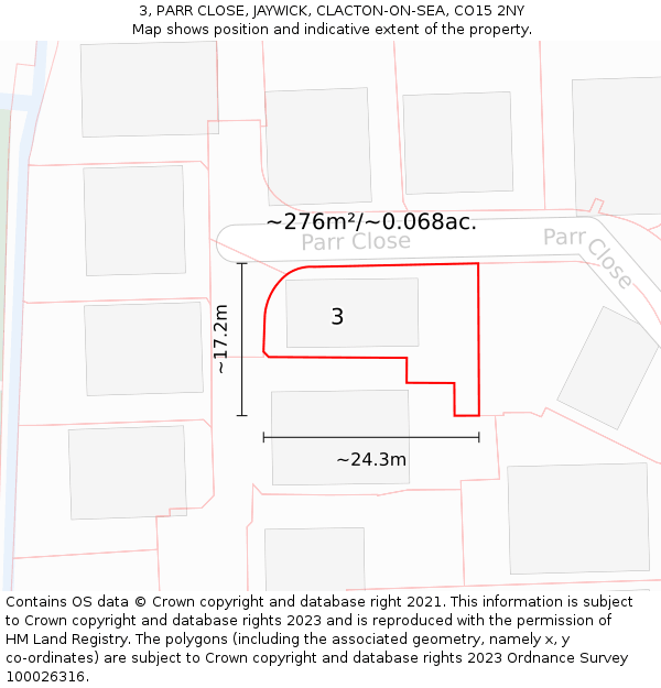 3, PARR CLOSE, JAYWICK, CLACTON-ON-SEA, CO15 2NY: Plot and title map